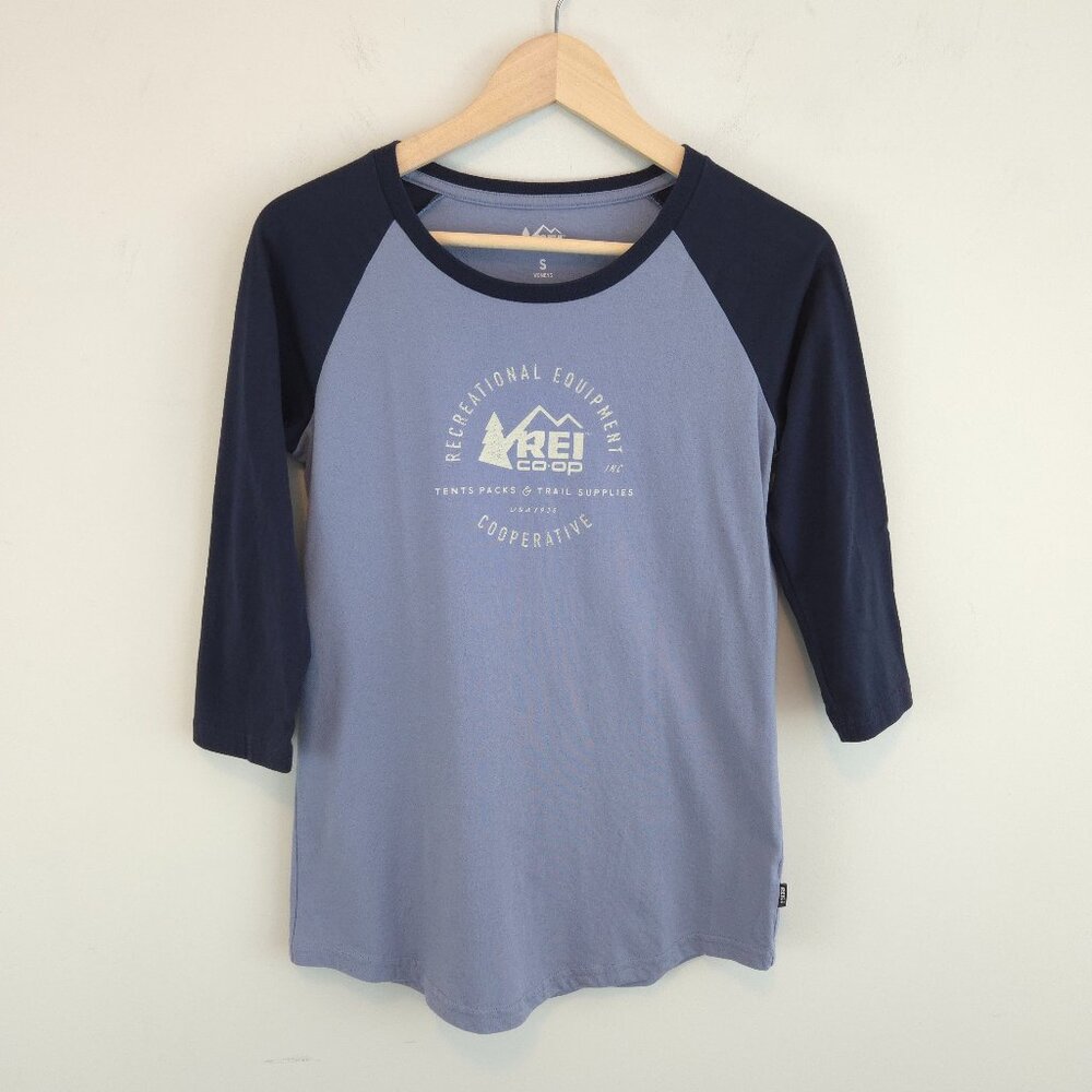 REI Co-op Women's Stamped 3/4 Sleeve Baseball T-Shirt In Filtered Blue